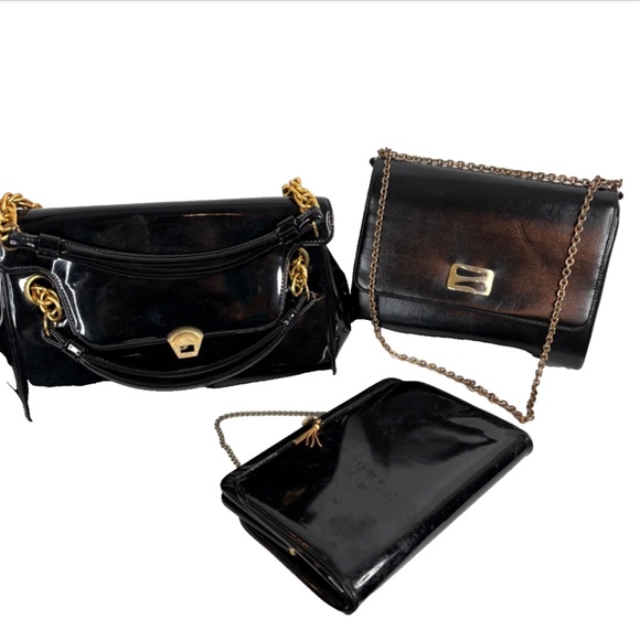 VTG 60s Purse Set of 3 Handbags Black After Five Brass Gold Hardware Chain Retro - Picture 1 of 16